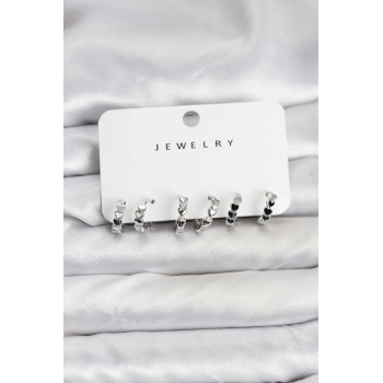 Gümüş Renk Pirinç Minimal Kalp Detaylı Kadın Küpe Seti