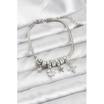 Gümüş Renk Pirinç Yonca Charmlı Kadın Bileklik