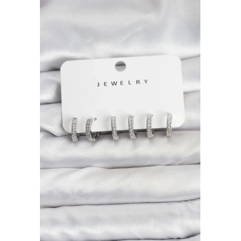 Gümüş Renk Pirinç Zirkon Taşlı Halka Kadın Küpe Seti