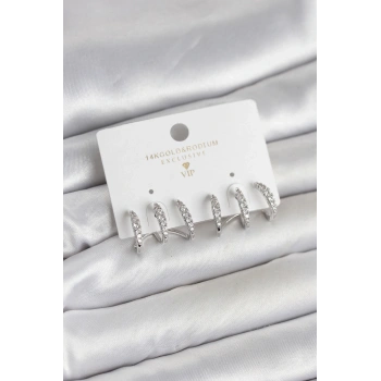 Gümüş Renk Pirinç Zirkon Taşlı Kadın Küpe