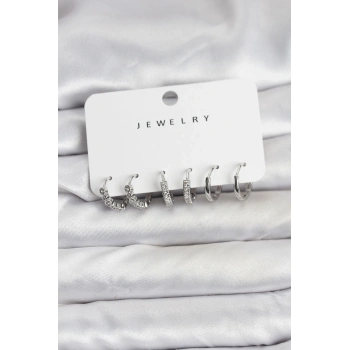 Gümüş Renk Pirinç Zirkon Taşlı Kadın Küpe Seti