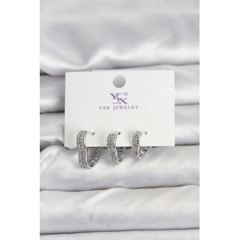 Gümüş Renk Pirinç Zirkon Taşlı Kalpli Kadın Küpe