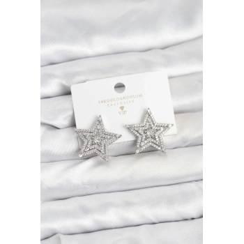 Gümüş Renk Pirinç Zirkon Taşlı Yıldız Model Kadın Küpe