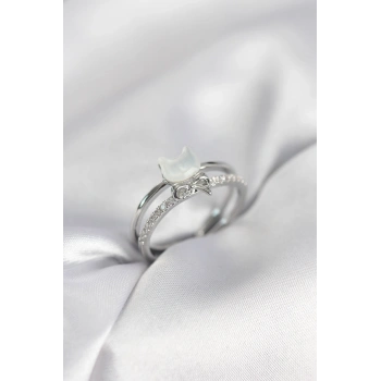 Gümüş Renk Sedefli Kedi Model Fiyonklu Zirkon Taşlı Kadın Yüzük