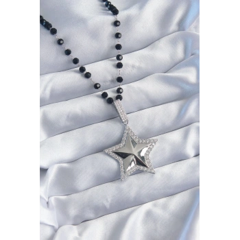 Gümüş Renk Siyah Boncuk Zirkon Taşlı Pirinç Yıldız Model VİP Seri Kadın Kolye