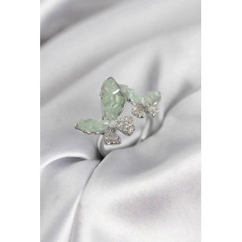 Gümüş Renk Su Yeşili Kelebek Model Zirkon Taşlı Kadın Yüzük