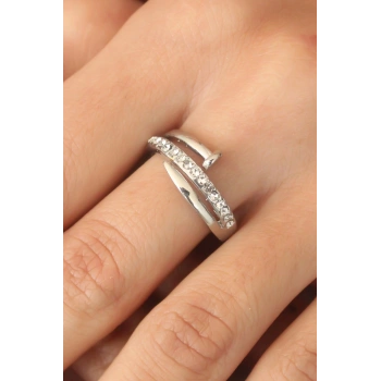 Gümüş Renk Taşlı Çivi Ayarlanabilir Kadın Yüzük