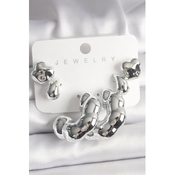 Gümüş Renk Yonca Damla Halka Model CCB Plastik Kadın Küpe Seti