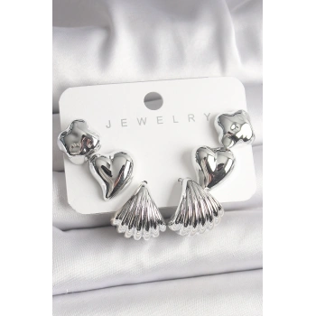 Gümüş Renk Yonca Kalp Deniz Kabuğu Figür CCB Kadın Küpe Seti