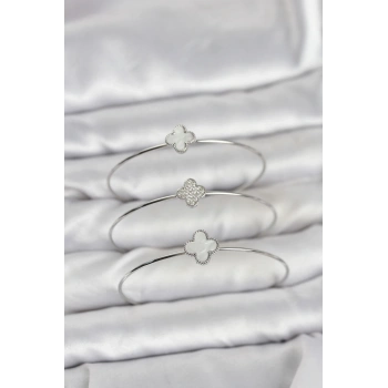 Gümüş Renk Yonca Model Zirkon Taşlı 3lü Kadın Bileklik Kombini