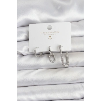 Gümüş Renk Zirkon Taşlı 3lü Kadın Küpe Seti