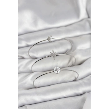 Gümüş Renk Zirkon Taşlı Kutup Yıldızı Model 3lü Kadın Bileklik Kombini