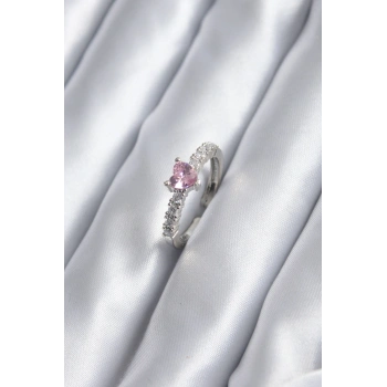 Gümüş Renk Zirkon Taşlı Pembe Kristal Kalp Model Kadın Yüzük