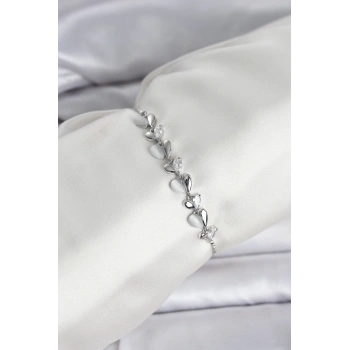 Gümüş Renk Zirkon Taşlı Sıralı Damla Model Asansörlü Kadın Bileklik