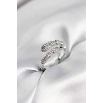 Gümüş Renk Zirkon Taşlı Yılan Model Kadın Yüzük