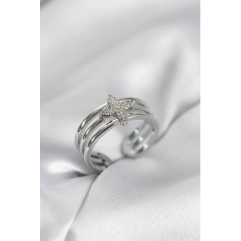 Gümüş Renk Zirkon Taşlı Yonca Model Kadın Yüzük