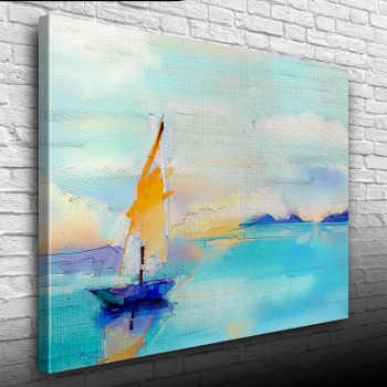 Gündoğumun `da Deniz ve Yelkenli Yağlıboya Kanvas Tablo 50 x 70