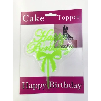Happy Birthday Yazılı Fiyonklu Pasta Kek Çubuğu Yeşil Renk