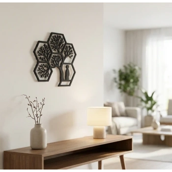 Hayat Ağacı Duvar Tablosu MDF Lazer Kesim Altıgen Geometrik Modern Duvar Süsü