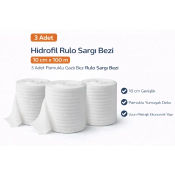 Hidrofil Rulo Sargı Bezi 10 cm x 100 m 3 Adet Pamuklu Gazlı Bez Rulo Sargı Bezi