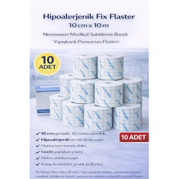 Hipoalerjenik Fix Flaster 10 cm x 10 m 10 Adet Nonwoven Medikal Sabitleme Bandı Yapışkanlı Pansuman Flasteri