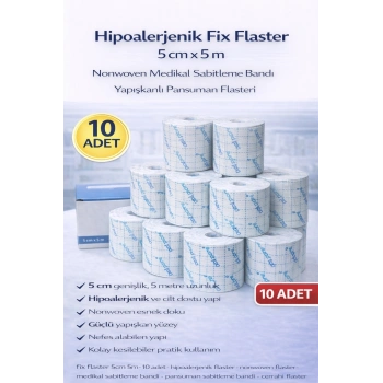 Hipoalerjenik Fix Flaster 5 cm x 5 m 10 Adet Nonwoven Medikal Sabitleme Bandı Yapışkanlı Pansuman Flasteri