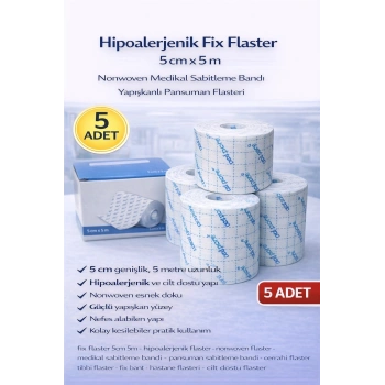 Hipoalerjenik Fix Flaster 5 cm x 5 m 5 Adet Nonwoven Medikal Sabitleme Bandı Yapışkanlı Pansuman Flasteri
