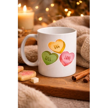 Hug Kiss Love Model 10 Porselen Kupa – Cıvıl Cıvıl Kalpli Tasarım, Sevgiliye & Hediye Kupası