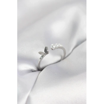 İncili Kelebek Model Gümüş Renk Pirinç Kadın Yüzük