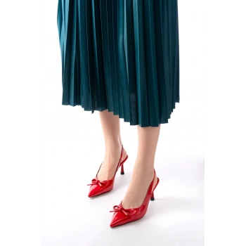 İNF-4500 Kırmızı Rugan Günlük Arkası Açık Fiyonklu Topuklu Bayan Ayakkabı