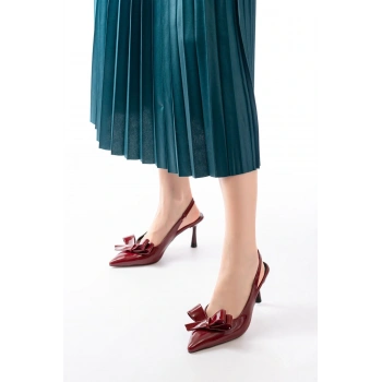 İNF-4501 Bordo Rugan Günlük Arkası Açık Fiyonklu Topuklu Bayan Ayakkabı