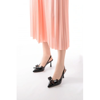 İNF-4501 Siyah Rugan Günlük Arkası Açık Fiyonklu Topuklu Bayan Ayakkabı