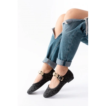 İNF-6363 Siyah Havlu Desenli Baret Tokalı Günlük Bayan Ayakkabı