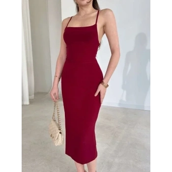 İp Askılı Sırt Dekolteli Bağlama Detaylı Yırtmaçlı Midi Elbise - Bordo