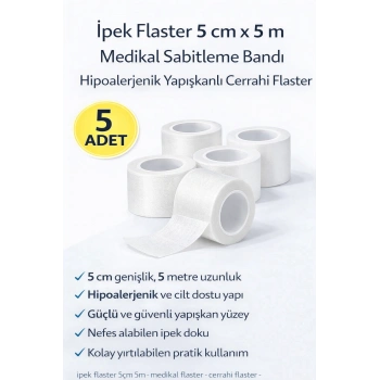 İpek Flaster 5 cm x 5 m 5 Adet Medikal Sabitleme Bandı Hipoalerjenik Yapışkanlı Cerrahi Flaster