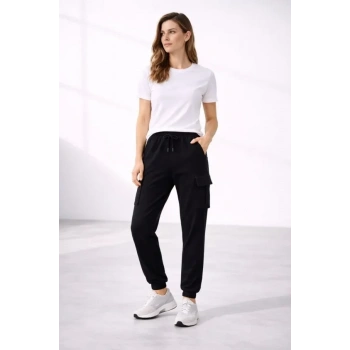 Jogger Eşofman Altı Rahat Kalıp, Kargo Cepli, Lastikli Paça, Günlük Spor Pantolon - Siyah