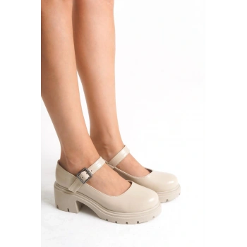 K-708 Bej Kırışık Rugan Tokalı Yüksek Tabanlı Loafer Ayakkabı