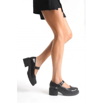 K-708 Siyah Kırışık Rugan Tokalı Yüksek Tabanlı Loafer Ayakkabı