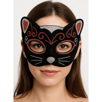 Kadife Dokulu Simli Kedi Maskesi Kırmızı Gümüş Detaylı