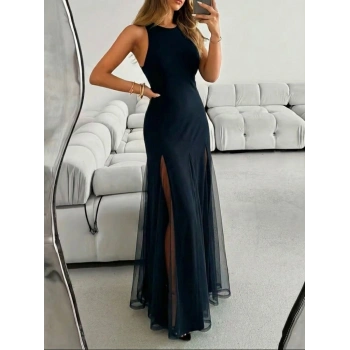 Kadın Askılı Bisiklet Yaka Etek Ucu Tül Detaylı Asimetrik Kiloş Uzun Ithal Krep Elbise