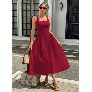 Kadın Askılı Kare Yakalı Uzun Ithal Krep Elbise