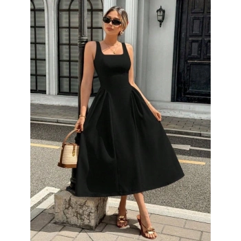 Kadın Askılı Kare Yakalı Uzun Ithal Krep Elbise