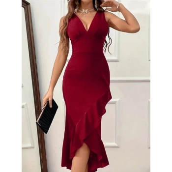 Kadın Askılı Kruvaze Yakalı önden Fırfırlı Uzun Ithal Krep Elbise