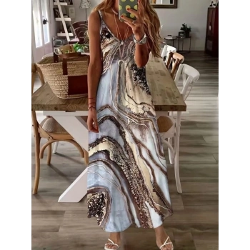 Kadın Askılı V Yakalı Desenlı Uzun Süprem Elbise