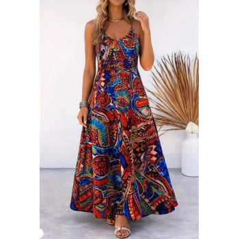 Kadın Askılı V Yakalı Desenli Uzun Süprem Elbise