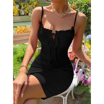 Kadın Askılı Yakası Fırfır Ve Bağlama Detay Kaşkorse Elbise