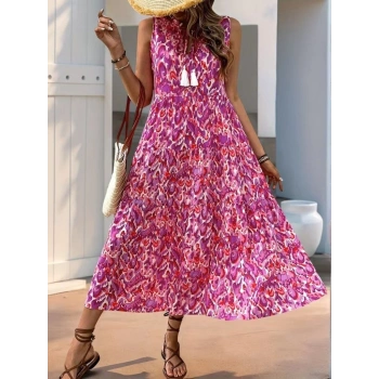 Kadın Askılı Yakası Fırfırlı Bağcıklı Desenli Uzun Süprem Elbise