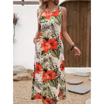 Kadın Askılı Yuvarlak Yaka Cepli Desenli Süprem Elbise