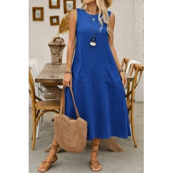 Kadın Askılı Yuvarlak Yakalı Kıloş Cepli Uzun Elbise