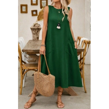 Kadın Askılı Yuvarlak Yakalı Kıloş Cepli Uzun Elbise